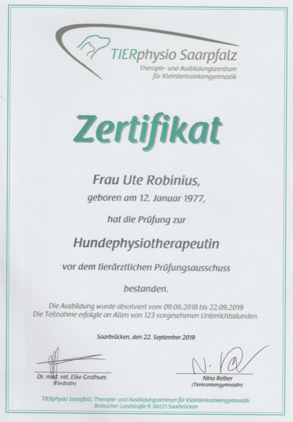 Zertifikat Tierphysiotherapie Zertifikat Tierphysiotherapie